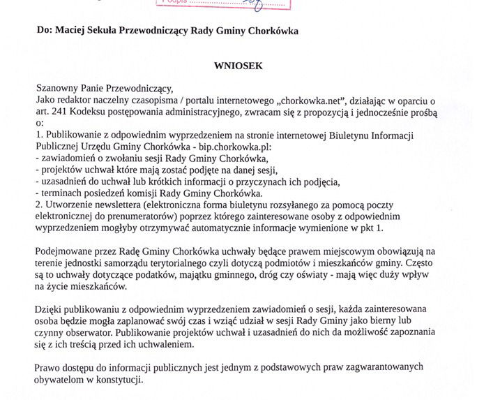 [SiPU-ZM 2] Wniosek do Przewodniczącego Rady Gminy Chorkówka