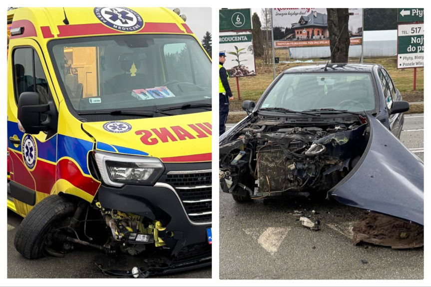 Miejsce Piastowe. Wypadek z udziałem karetki pogotowia